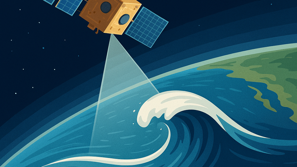 A schematic view of a satellite capturing an ocean wave from space. The image is meant for illustration purposes and is not scientifically correct. Executed by MS CoPilot from a prompt by Bjorn Ulfsson. 