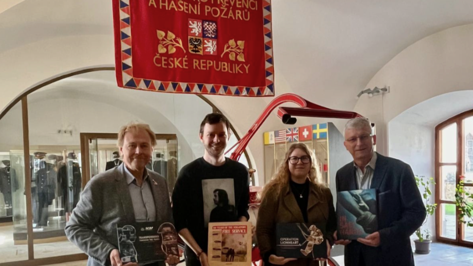 Photo: CTIF. In the picture from left to right: Harald Herweg (CTIF Center for Fire Brigade Statistics), Jan Karel (Archive and Library Pribyslav), Iveta Krpalkova (Head of the Archive), and Peter Wagner (CTIF Center for Fire Brigade Statistics).