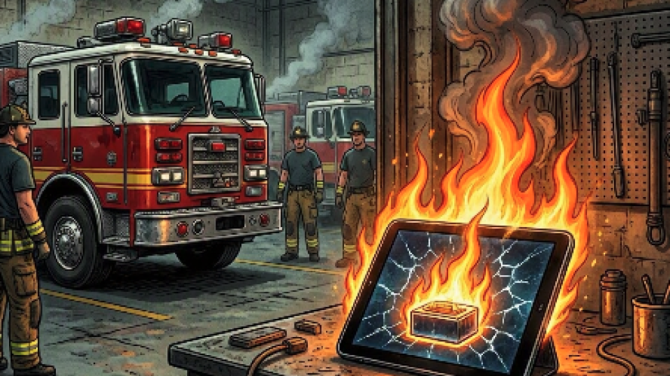 IPAD DESTROYS FIRE STATUION. ILLUSTRATION MADE BY MS CO-PILOT FROM A PROMPT BY BJORN ULFSSON