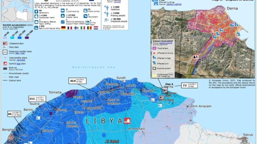 Floods in Libya, September 2023 Date	13 September 2023 Source	https://erccportal.jrc.ec.europa.eu/ECHO-Products/Maps#/maps/4636 Author	 ERCC - Emergency Response Coordination Centre  Sources: OCHA, NASA GPM, WMO, LNMC, GDACS, UNOSAT