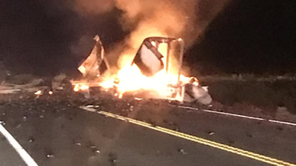 The remnants of a truck carrying 31,000 pounds of lithium batteries. Photo by