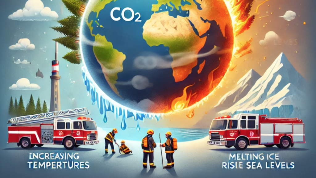The effect of CO2 on climate warming and in turn causing issues for firefighters. Illustration from an idea by Bjorn Ulfsson, executed by Chat GPT. 