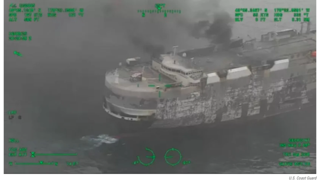 In June, an international cargo ship, the Morning Midas, caught fire and ultimately sunk off the coast of Alaska. The ship was carrying around 3000 vehicles, including around 70 electric vehicles and nearly 700 hybrids. Photo by US Coast Guard.