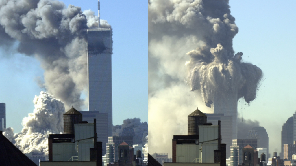 Collapse of the World Trade Center on September 11, 2001. Summary Description	 English: Taken from the same vantage point, collapse images of the two towers of the World Trade Center during the terrorist attacks on September 11, 2001 are compared. Date	11 September 2001 Source	 Own work; derivative work of the following:  by the US Government JohnsonKV DSC 0045.jpg by the US Government   by the US Government JohnsonKV DSC 0106.jpg by the US Government Author	Superior-wisconsin