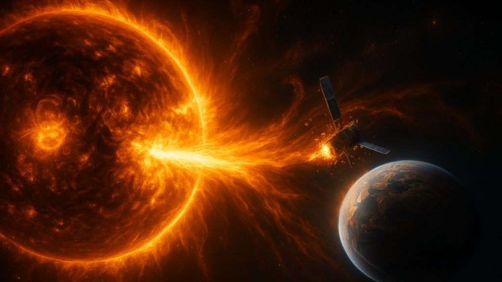 A satellite being destroyed by intense solar radiation during an imagined future extreme solar storm. Illustration generated by MS Copilot, from an idea by Bjorn Ulfsson, CTIF.