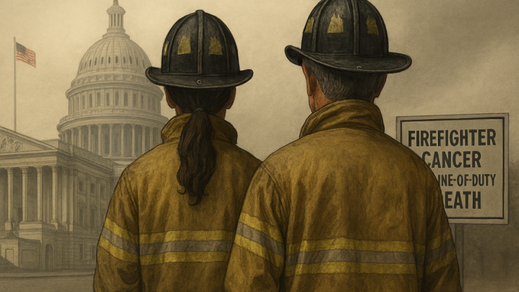 Firefighters in front of a legislative building. Executed by MS Co-Pilot from a prompt by Bjorn Ulfsson. 