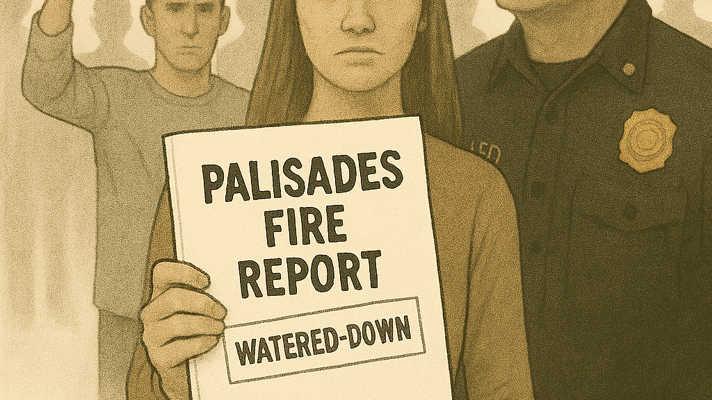 An imagined scene of people protesting the Palisades report. Executed by MS CoPilot from a prompt by Bjorn Ulfsson